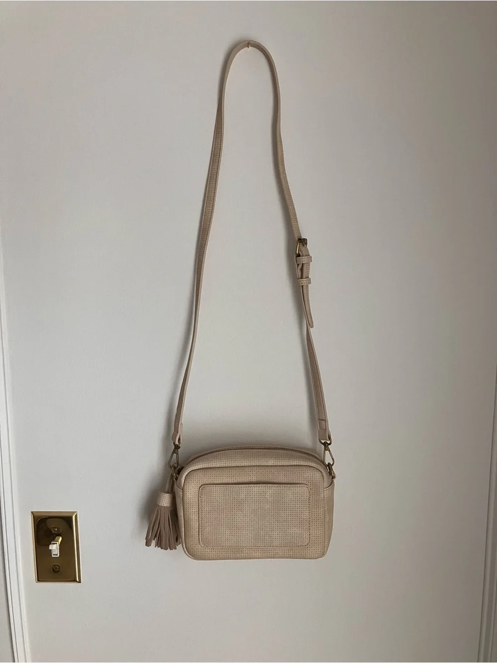 Anthropologie Cream Perforated Crossbody Camera Bag with Tassel
